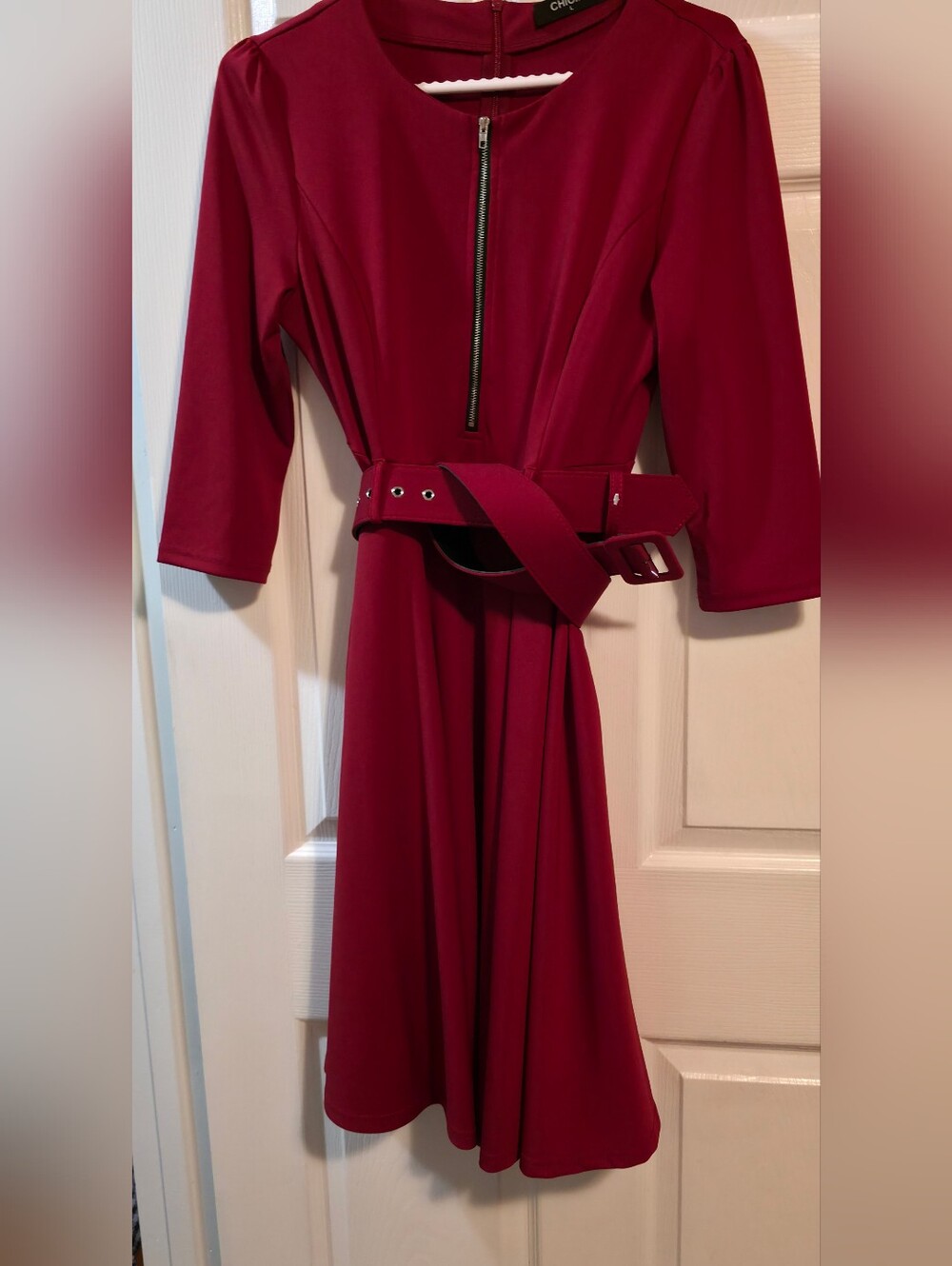 4/$67 Deal! Chicme Cherry-Red Belted Zip-Front Long Sleeve Dress